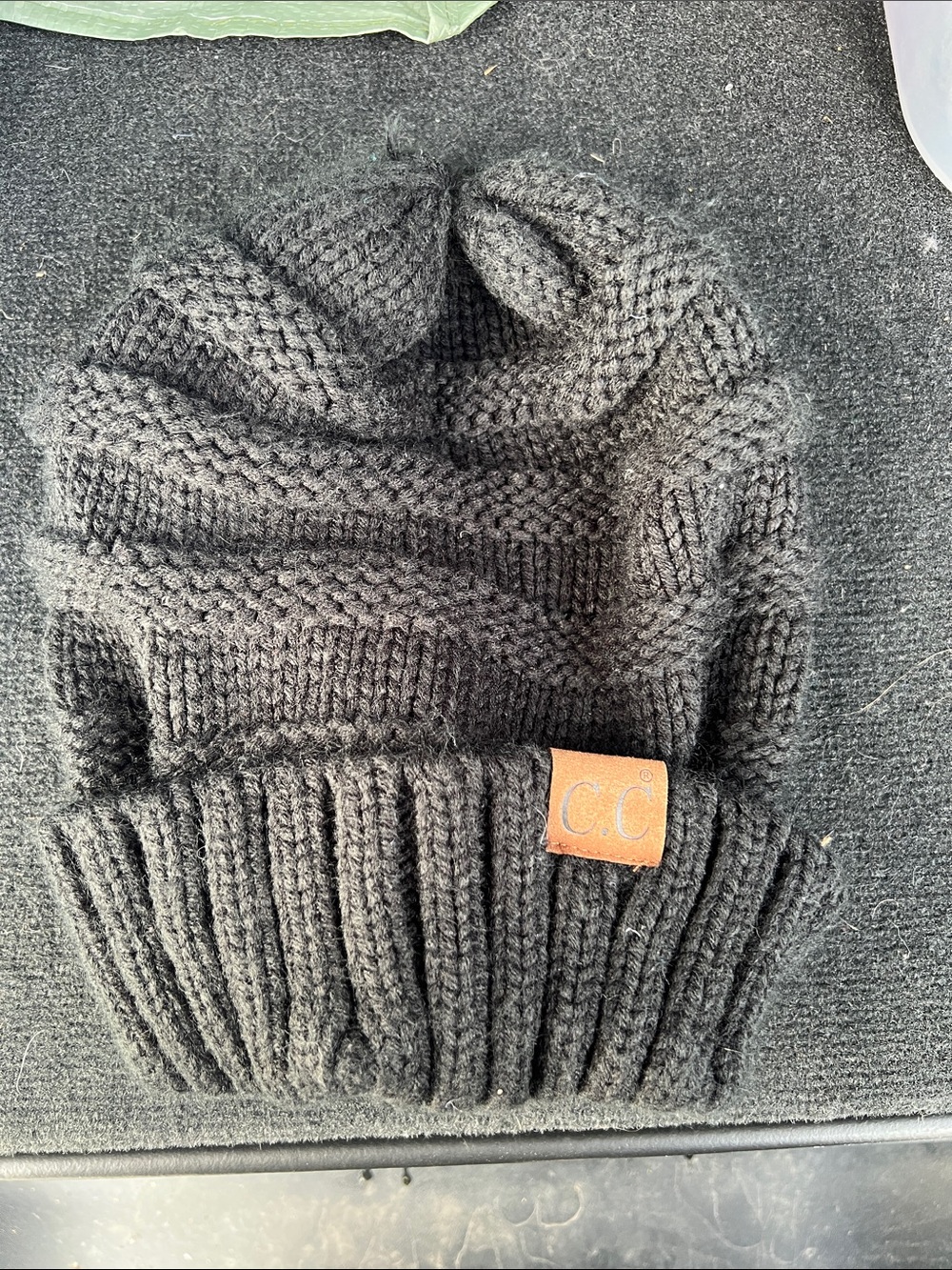 C.C Black Knit Pom Beanie with Leather Logo Patch